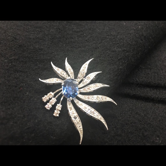 Mid century modern era custom sapphire diamond pin/necklace. 14k white gold. - Picture 4 of 6